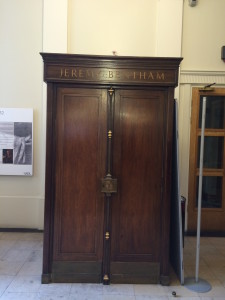 Jeremy Bentham's glass case with shut doors